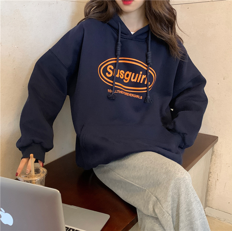 加絨衛衣女 秋冬新款字母印花連帽外套韓版寬鬆上衣