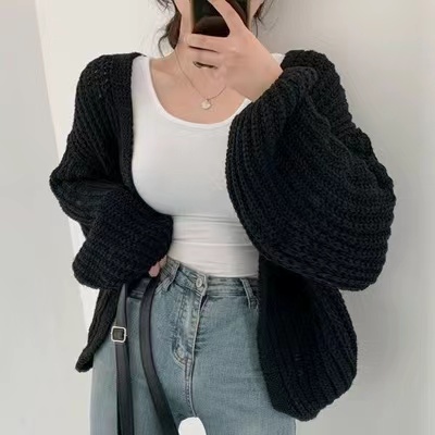 韓國chic秋季慵懶風V領百搭寬鬆休閒純色燈籠袖針織開衫毛衣外套