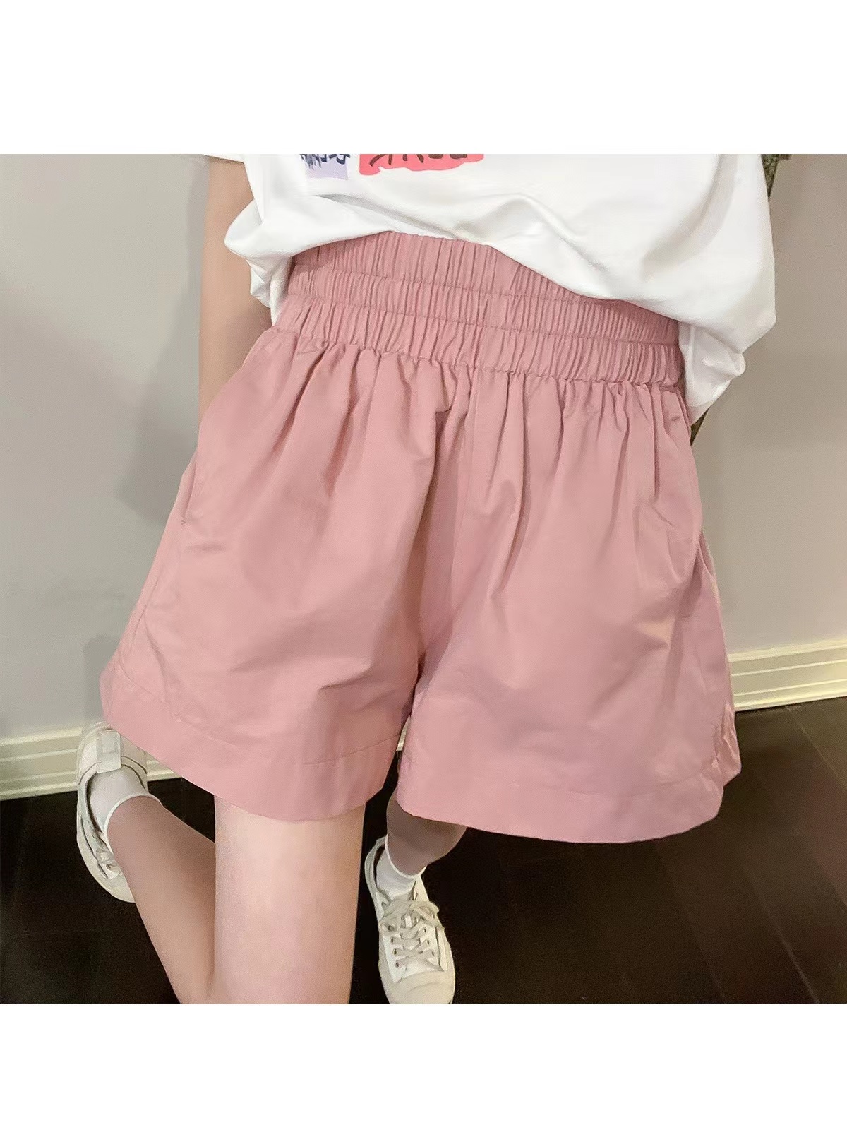 官圖 水洗全棉  夏季新款高腰休閒短褲女韓版寬鬆休閒闊腿褲