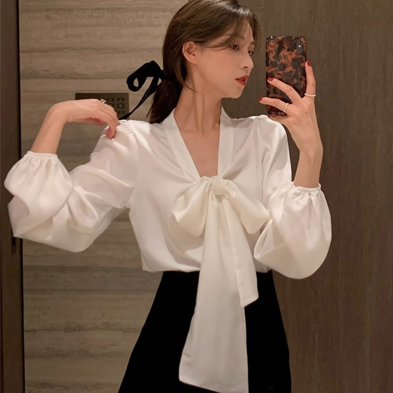 官圖 春秋新款韓版寬鬆百搭蝴蝶結綁帶設計感小眾襯衫上衣女