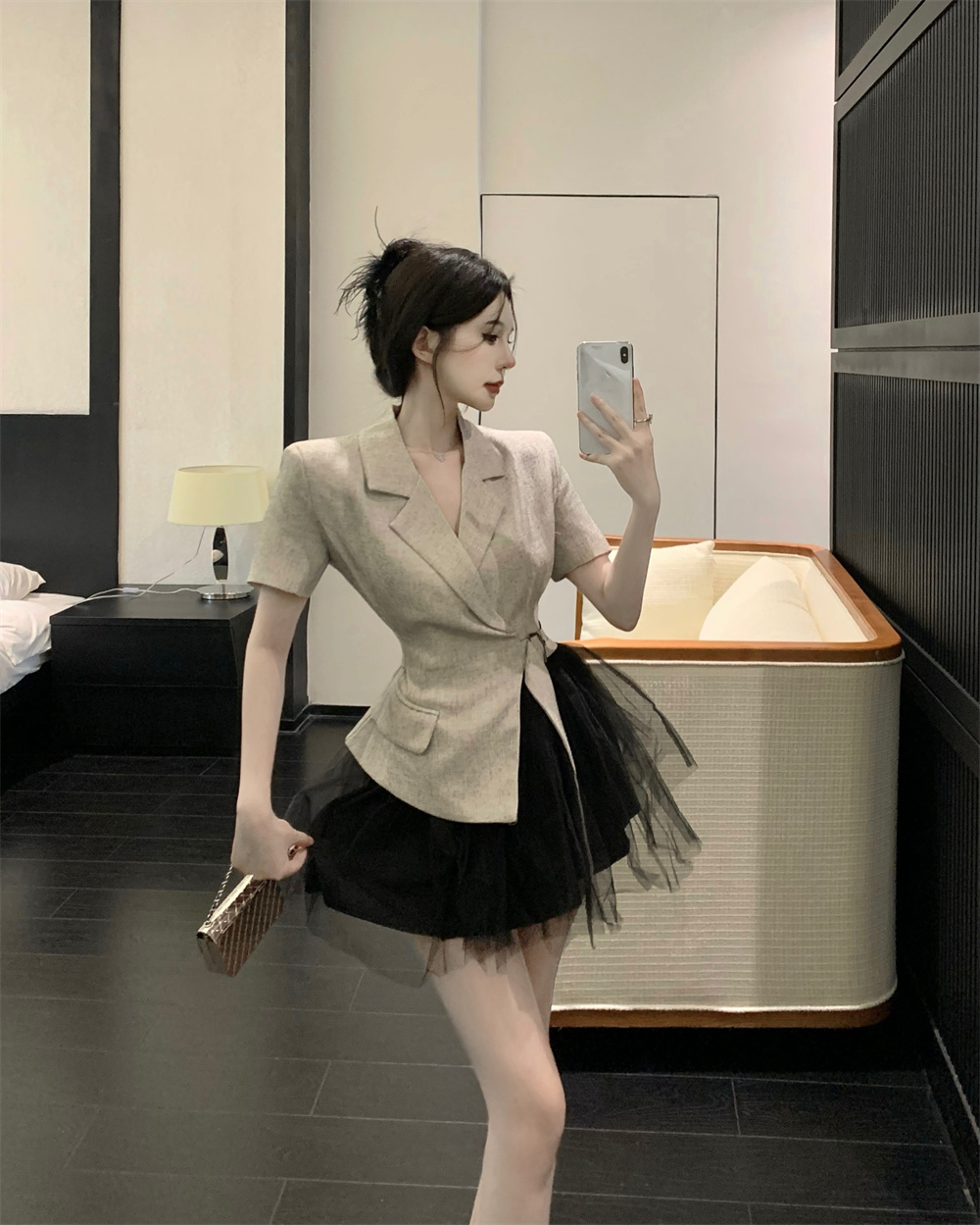 實拍連衣裙女夏季韓版小個子拼接網紗綁帶性感假兩件西服短裙