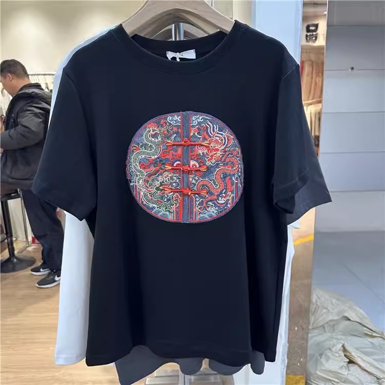 設計感新中式國風2024春夏裝新款重工刺繡盤扣百搭短袖針織衫上衣