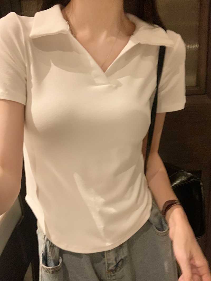 實拍純色40支純棉韓版新款港味寬鬆百搭上衣POLO領夏季短袖T恤女