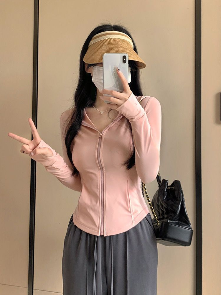 有口袋冰絲夏季新款防曬衣女外穿修身收腰上衣防透氣連帽拉鏈外套