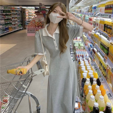 夏季新款韓版收腰顯瘦蝴蝶結氣質方領A字泡泡短袖連衣裙女裝