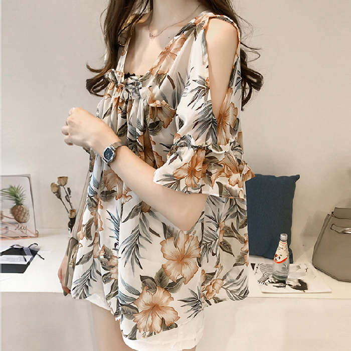 甜美喇叭袖打底上衣2024印花露肩雪紡衫女寬鬆遮肚子娃娃衫潮