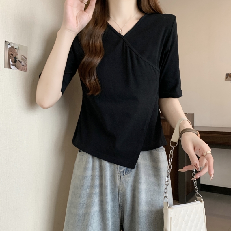 實拍  40支純棉 2024夏裝不規則小眾交叉短袖T恤女V領