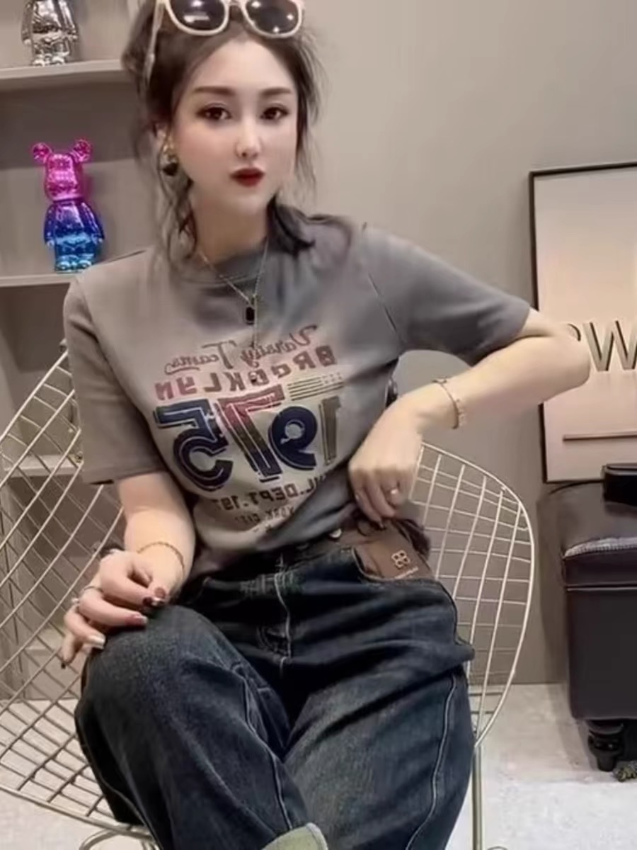 美式復古字母印花純棉短袖t恤女甜妹春夏季設計感寬鬆打底衫上衣