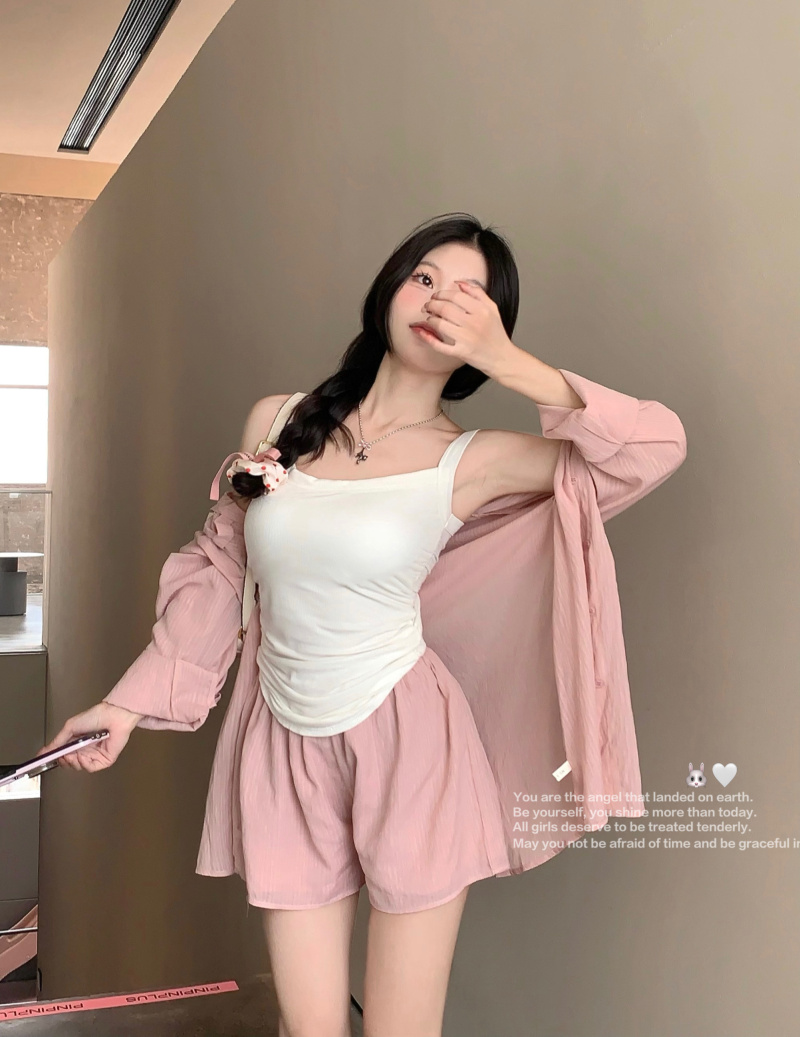 實拍 韓chic夏日防曬三件套吊帶襯衫+短褲女