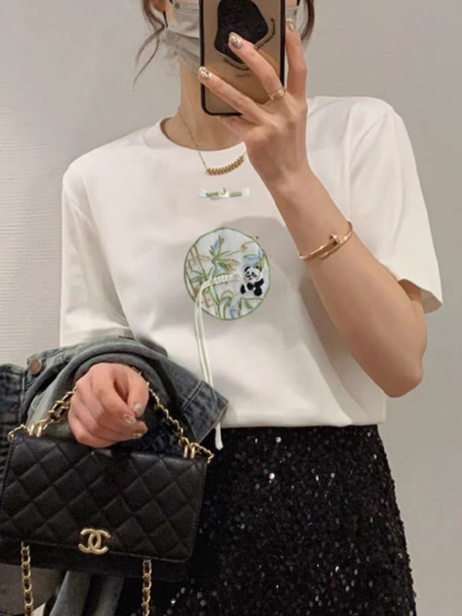 2024春季新款國風熊貓刺繡短袖T恤洋氣常規漂亮上衣女