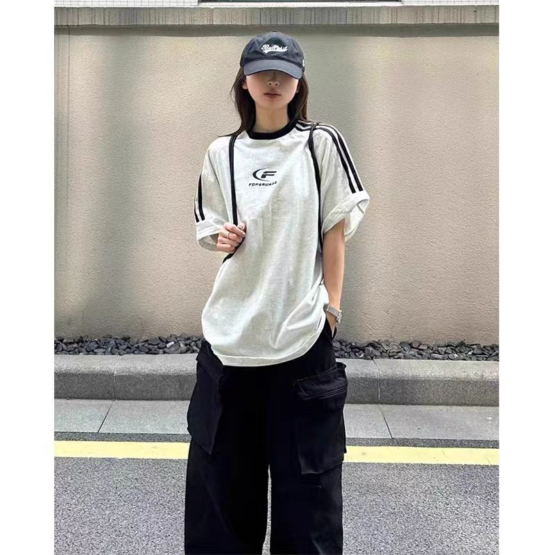 女夏季國潮牌撞色三條槓拼接印花短袖T恤設計感寬鬆正肩百搭上衣