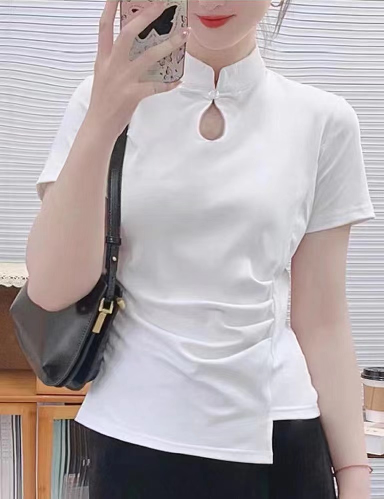 新中式盤扣短袖正肩t恤女顯瘦夏2024新款獨特别致絕美國風小上衣