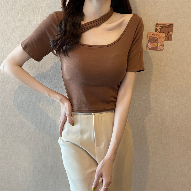 實拍 95%棉 5%氨綸純棉方領短袖女t恤修身別致上衣