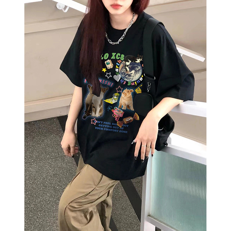 純棉 天貓質量 美式慵懶風小眾印花寬鬆百搭短袖T恤