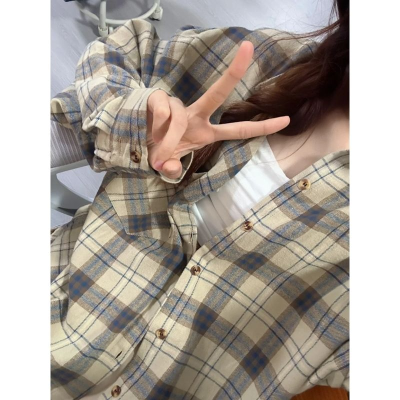 2024輕奢高街純棉復古格子襯衫女美拉德潮牌做舊寬鬆百搭休閒上衣