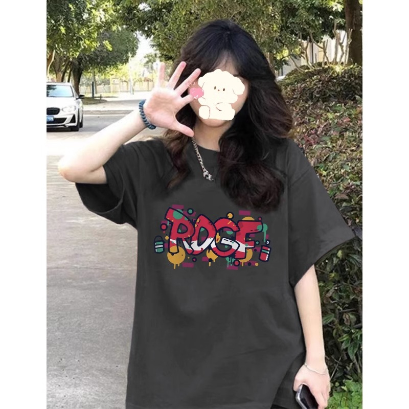 抖音爆款落肩寬鬆版型200克精梳純棉後包邊短袖T恤印花款