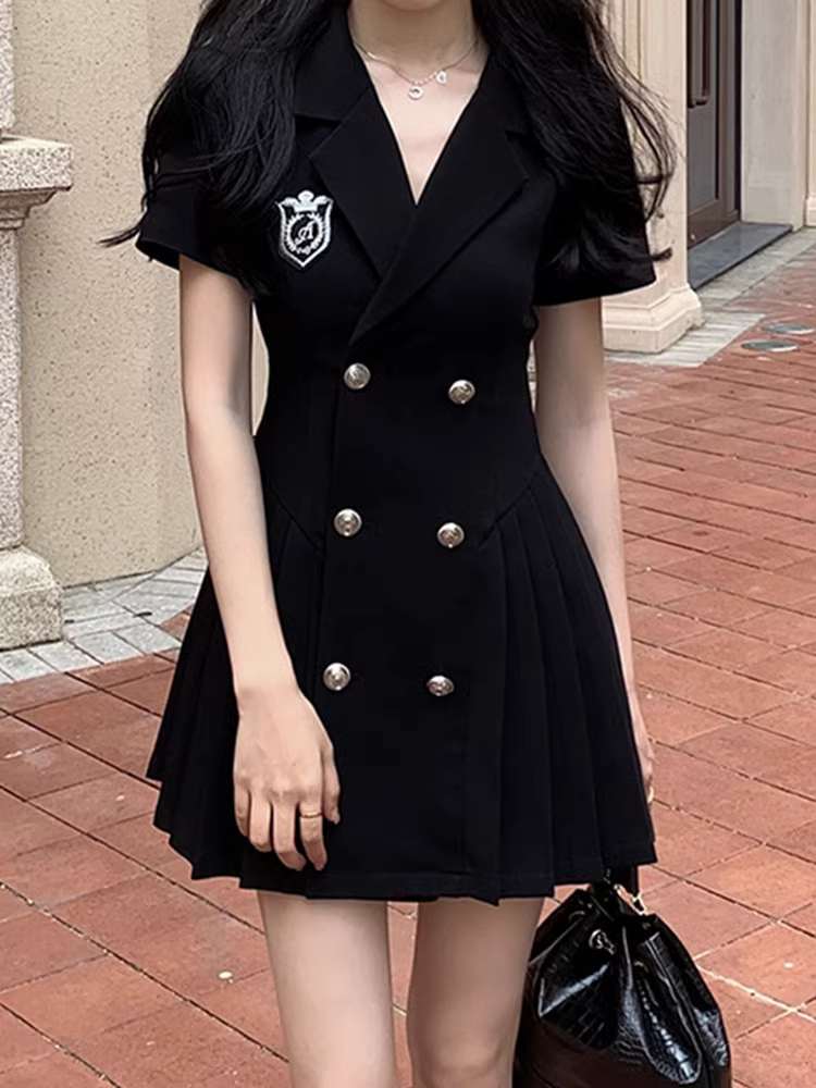 連衣裙女春夏新款小心機露背蝴蝶結西裝領雙排扣甜酷短袖裙子