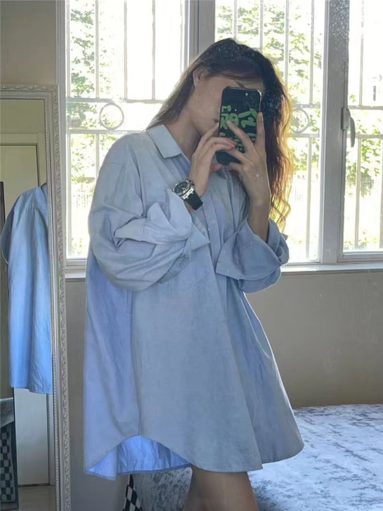 休閒藍色襯衫春秋季新款高級設計感小眾寬鬆襯衣女外套法式上衣