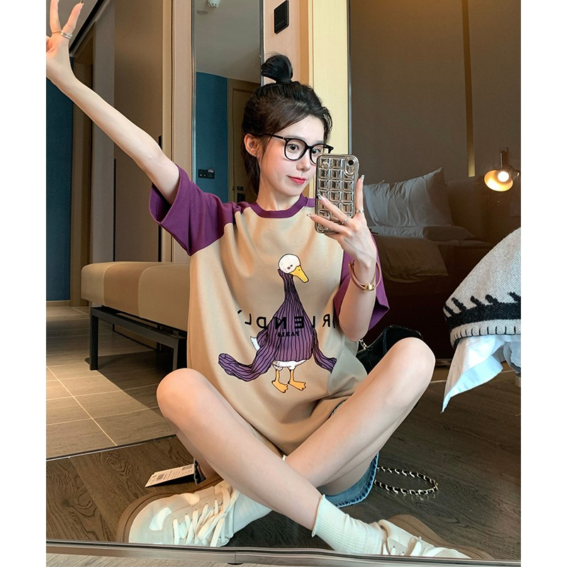 插肩袖t恤女短袖夏季設計感小眾寬鬆純棉鴨子印花卡通減齡上衣服