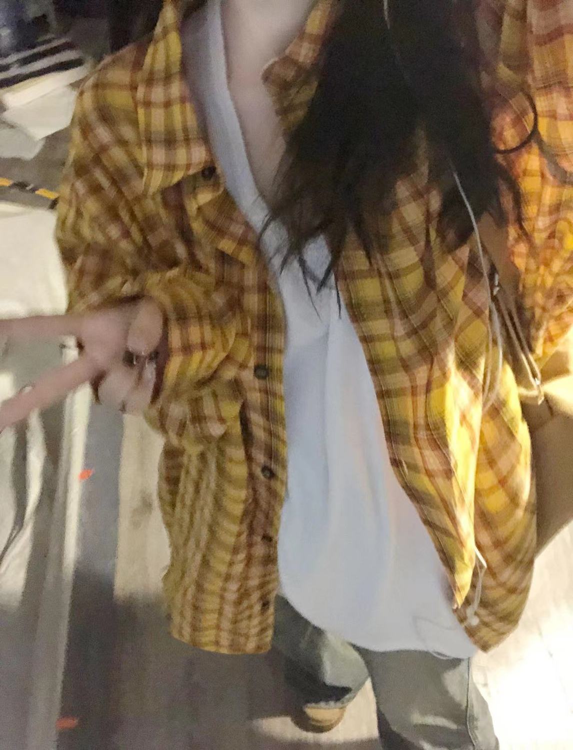 港味復古chic黃色格子襯衫女內搭疊穿寬鬆休閒百搭中長款襯衣外穿
