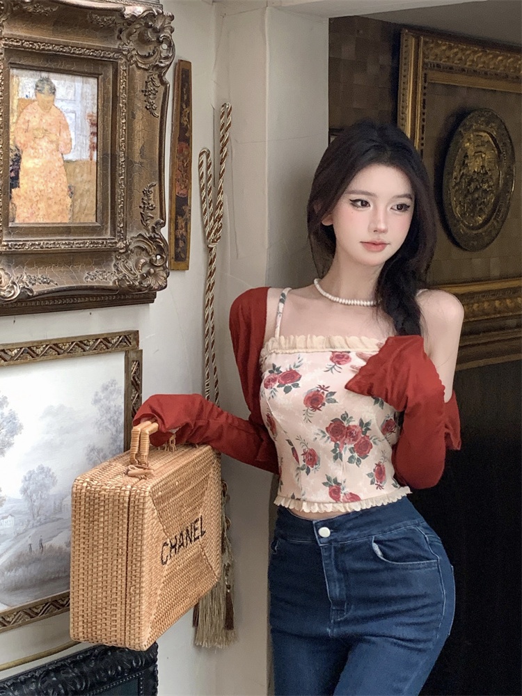 實拍 法式溫柔復古碎花吊帶+紅色小披肩減齡兩件套女