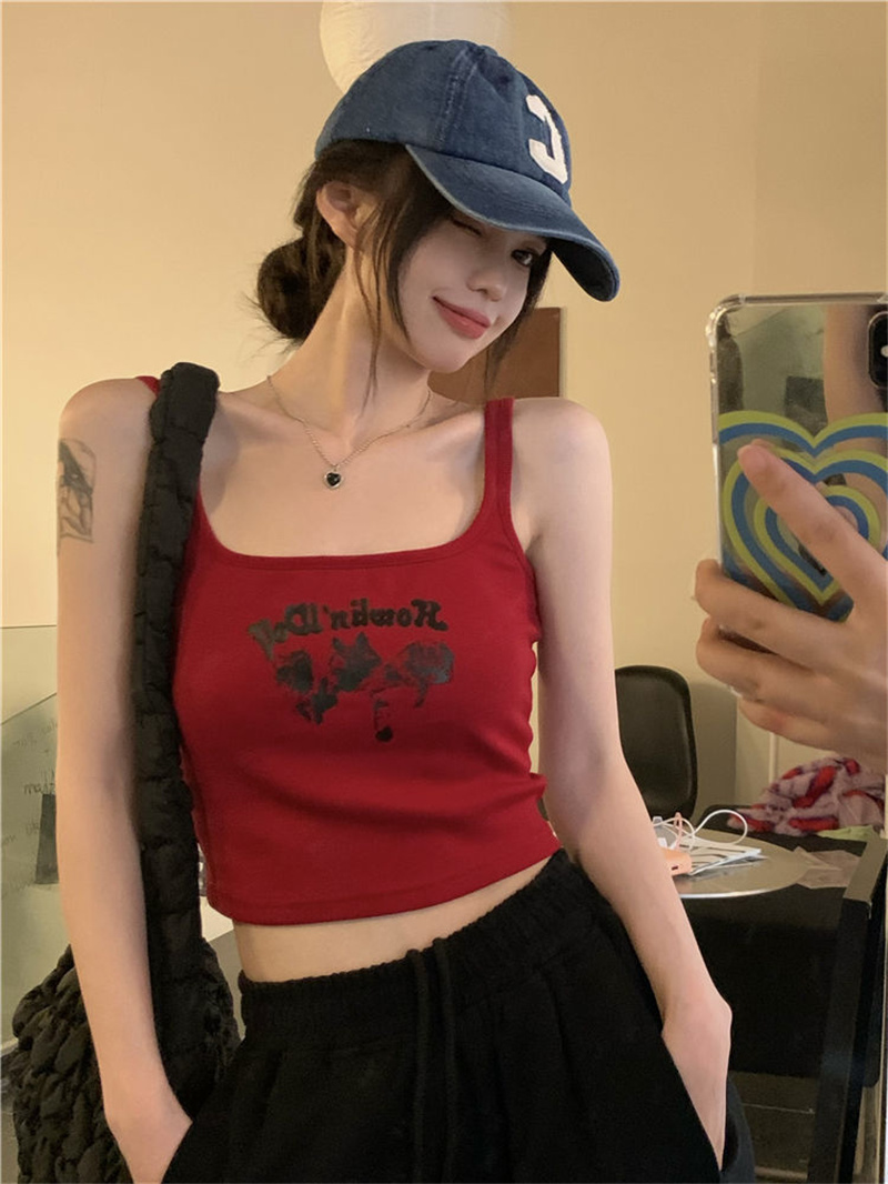 美式復古甜辣妹小吊帶女夏季新款無袖運動背心bm風短款紅色上衣潮