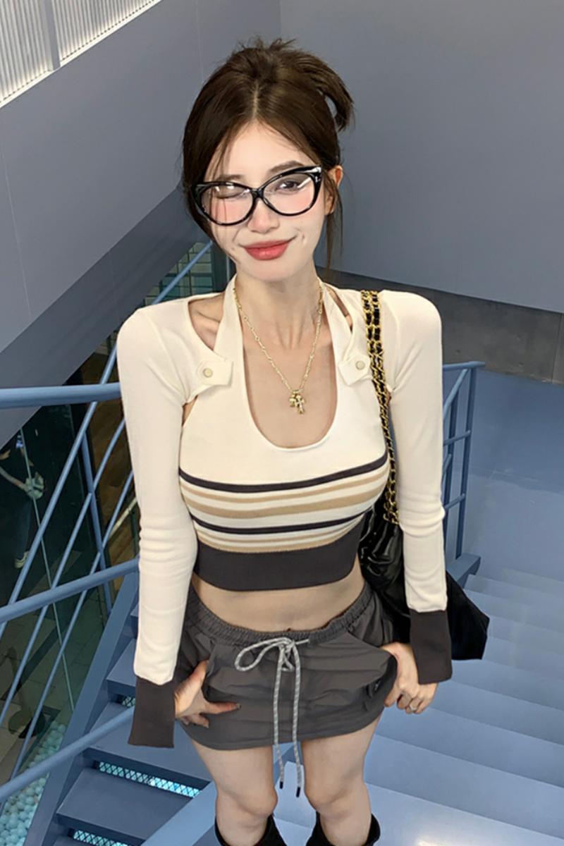 早秋新款甜辣網紅性感掛脖條紋吊帶背心女短款針織衫上衣兩件套潮