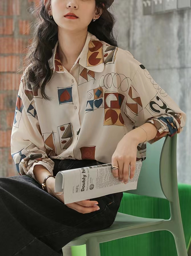 設計感復古印花寬鬆長袖襯衫女新款休閒襯衣薄款外套上衣