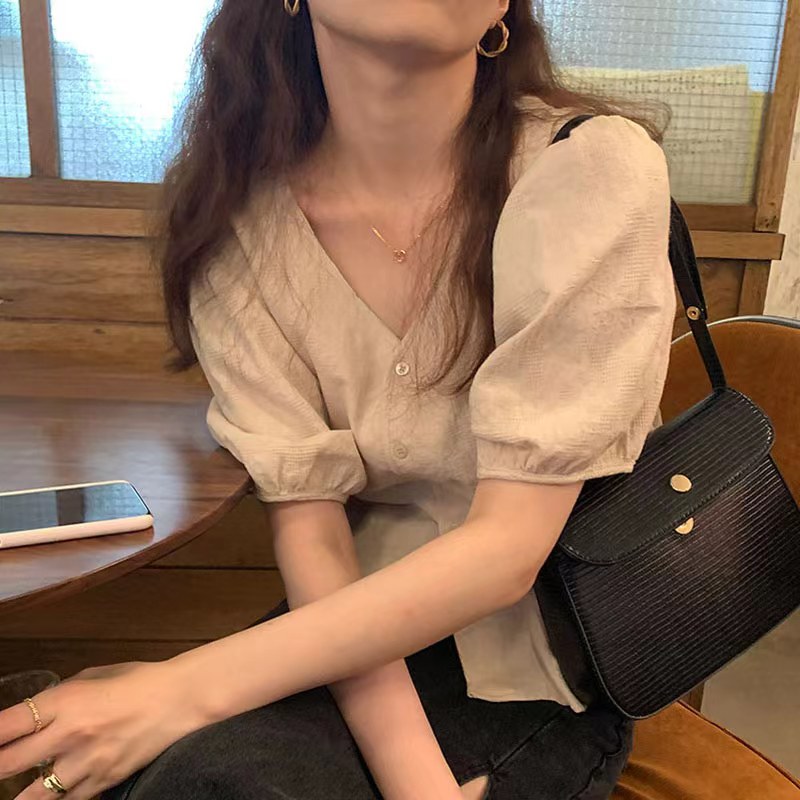 2024年新款韓系法式別致高級感翻領短袖襯衫上衣女夏季設計感小眾