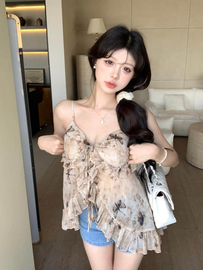 實拍 碎花吊帶上衣女2024春夏設計感小眾荷葉邊性感純欲背心