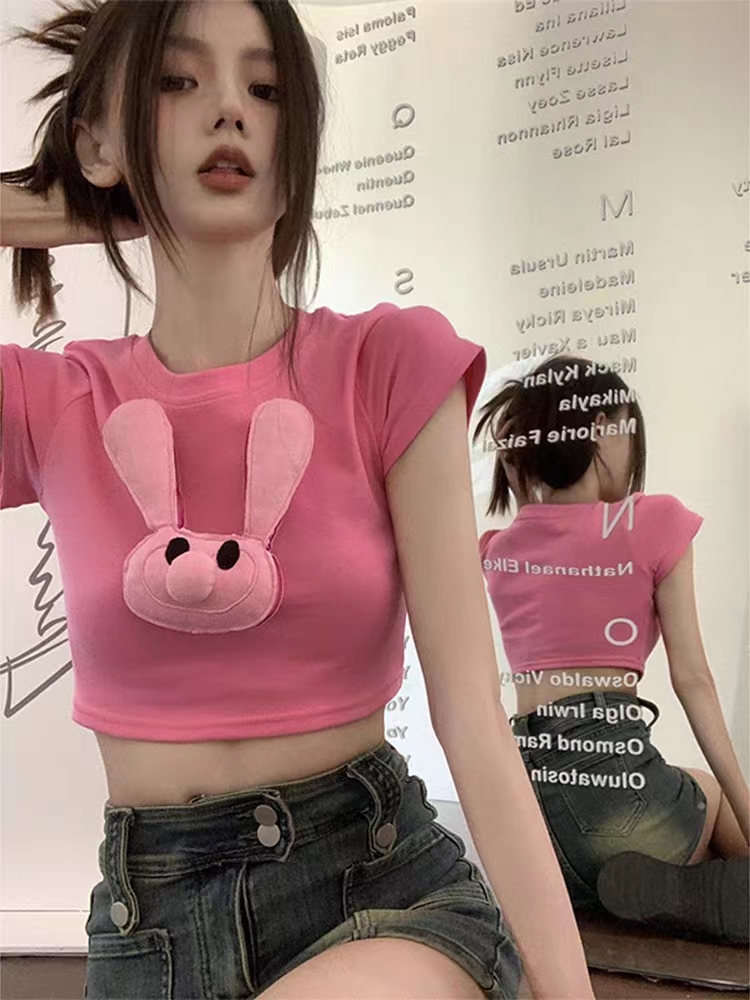 純棉 辣妹露臍短款兔子短袖T恤女夏季新款設計感修身粉色上衣