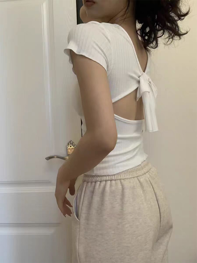 原版廣州提花面料 帶胸墊正肩純欲短袖t恤女短款蝴蝶結美背上衣