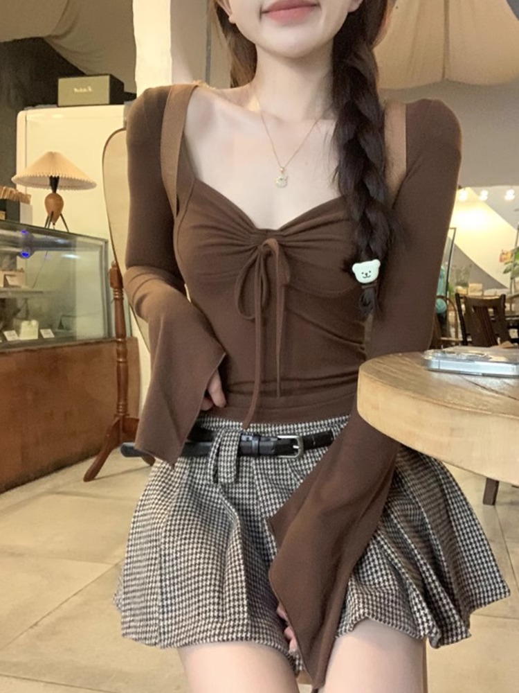 冰絲螺紋~純欲系帶蝴蝶結褶皺V領T恤女內搭修身短款打底衫上衣