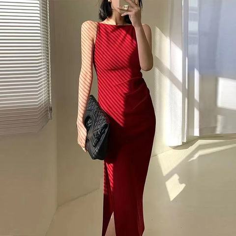 WANGXO吊帶連衣裙2024新款春夏輕奢一字肩高級設計感小眾裙子女