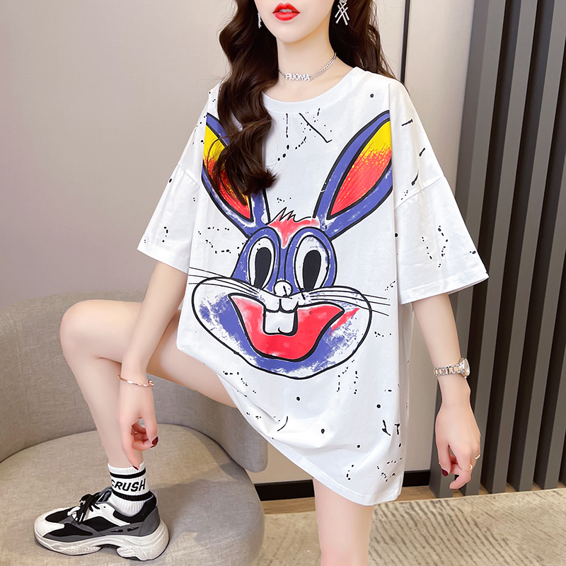 實拍 100%棉2024新款夏季韓版寬鬆大碼卡通印花短袖T恤女