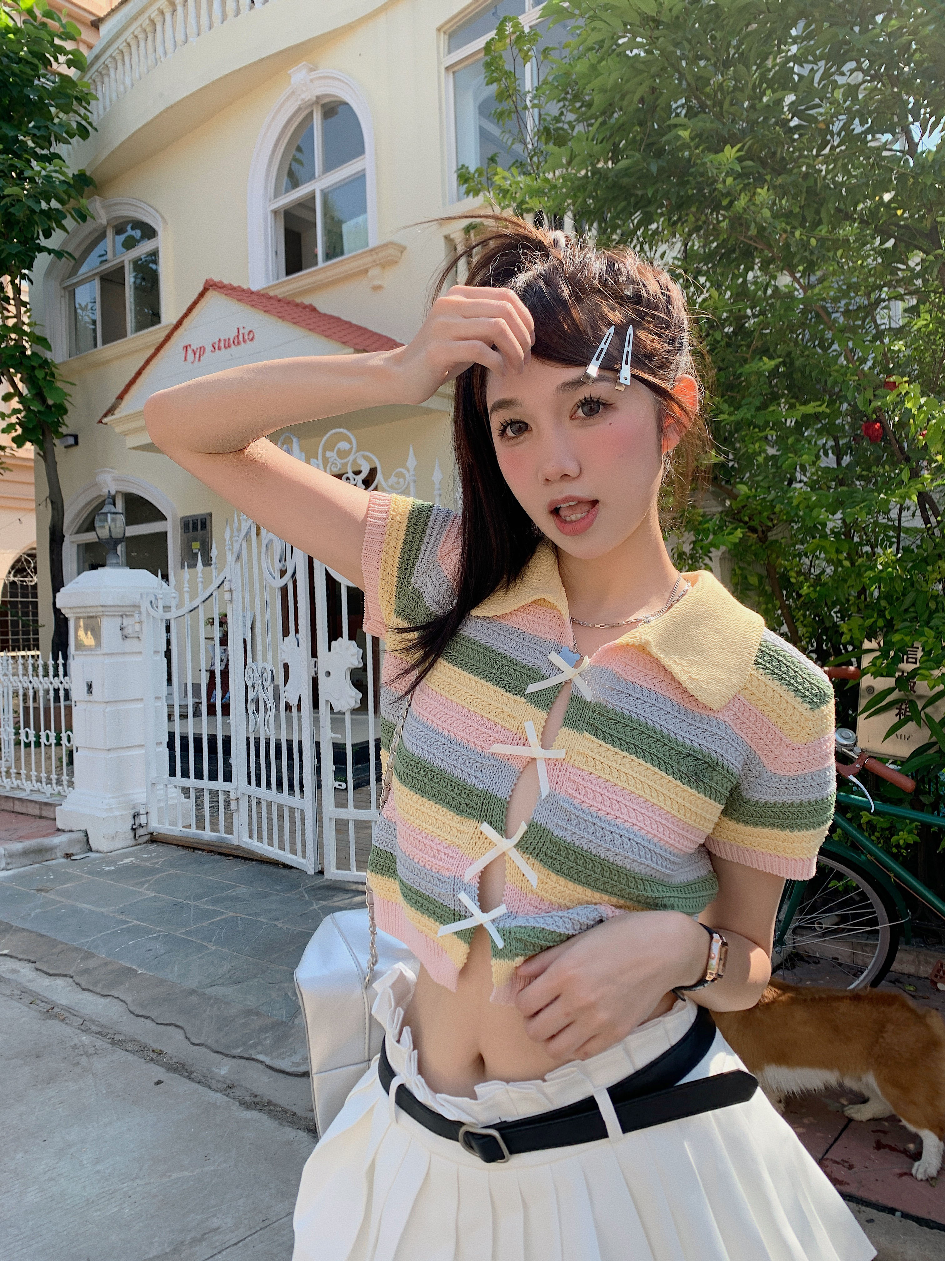 實拍~彩色馬卡龍針織短款短袖上衣
