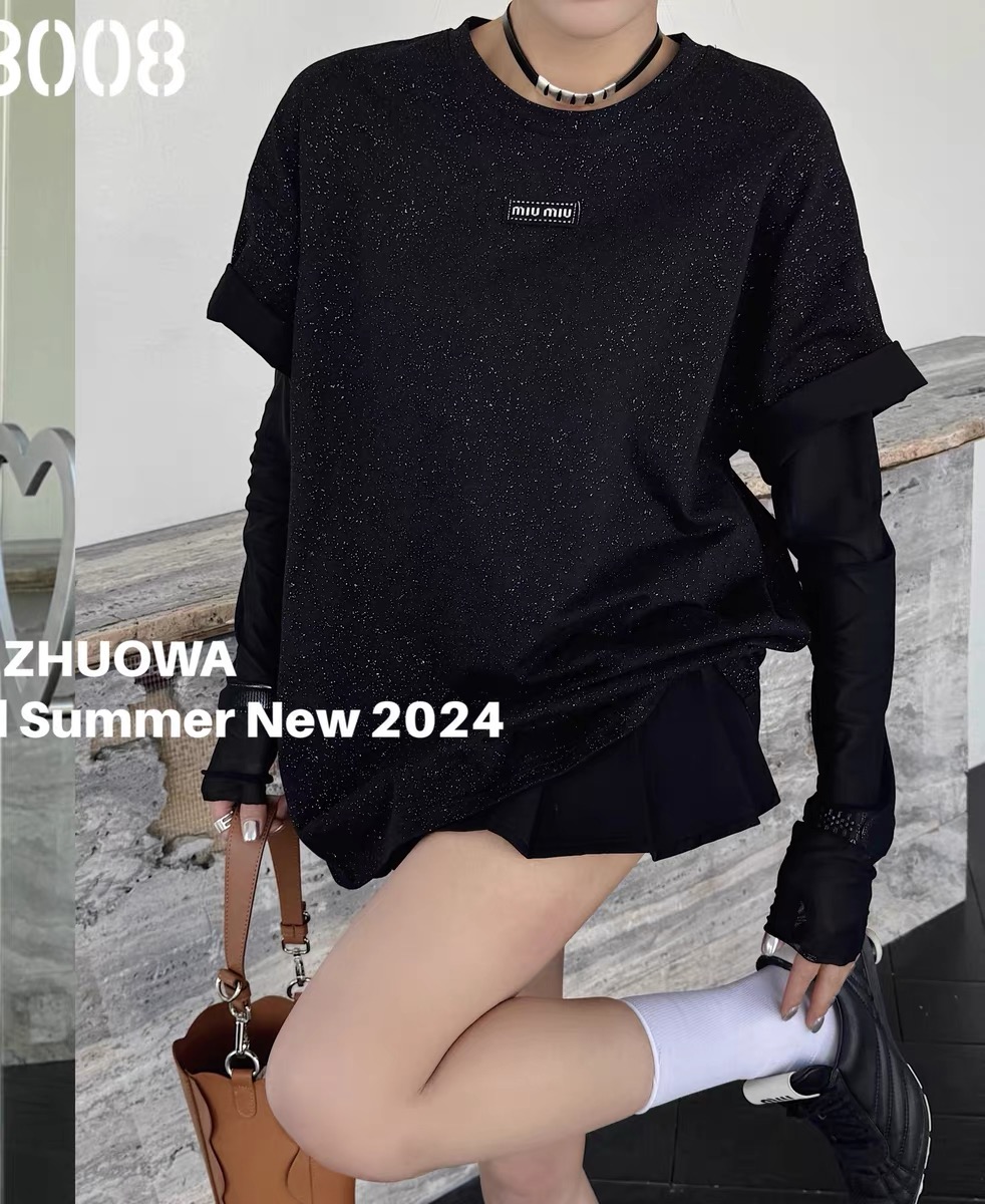 卓娃2024春款重工燙鑽網紗拼接長袖t歐洲站寬鬆百搭假兩件T恤