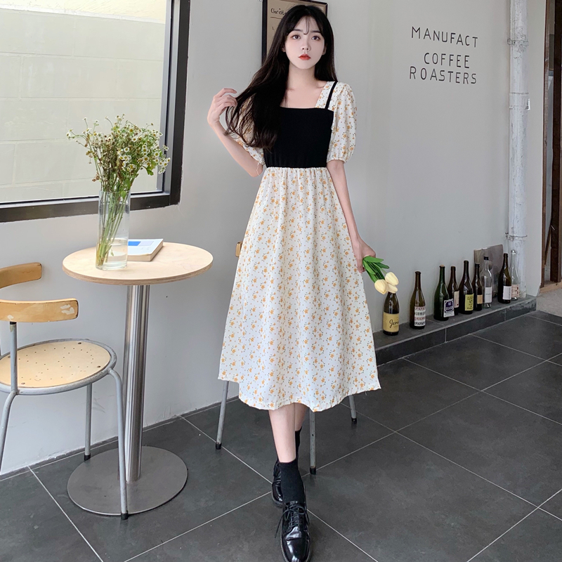 Actual shot~Large size women's waist-cinching printed dress summer new square collar temperament design mid-length skirt