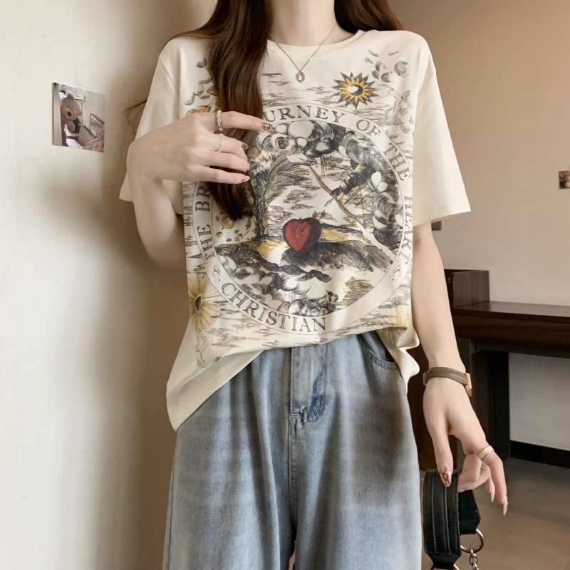 實拍~純棉 美式慵懶風小眾印花寬鬆百搭短袖T恤