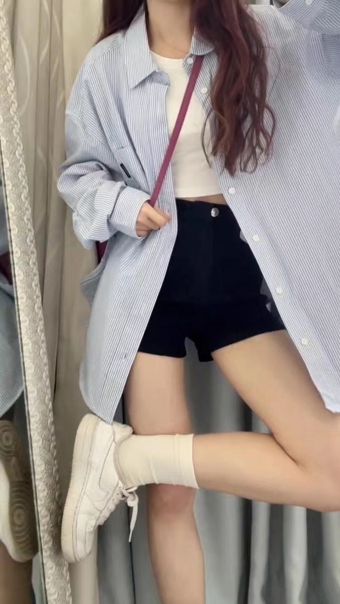 純棉藍色條紋長袖襯衫女2024夏季新款襯衣外套寬鬆防曬上衣