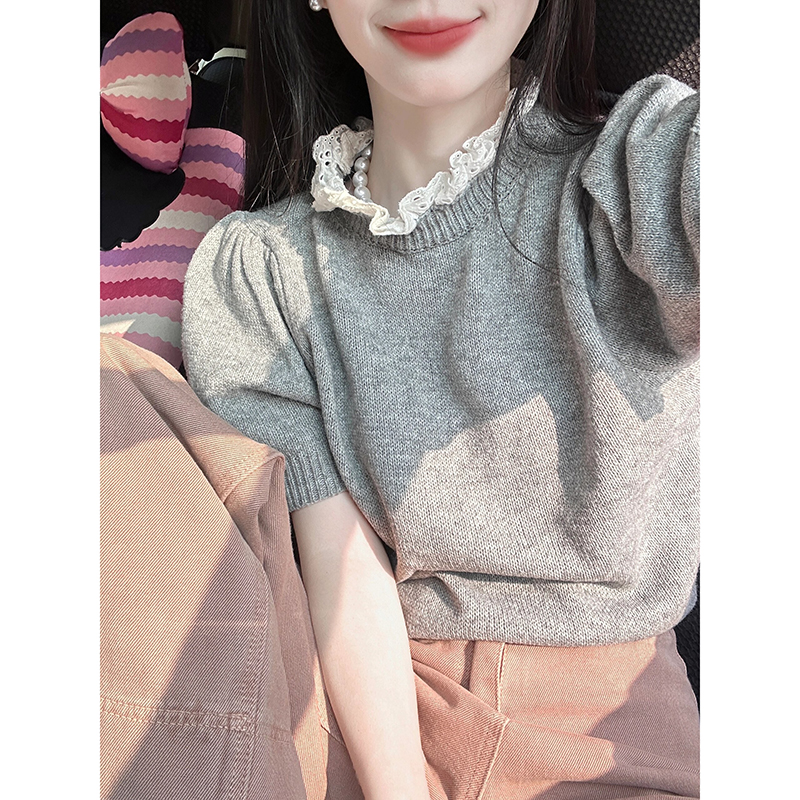 蕾絲邊半高領針織衫女設計感小眾早春泡泡袖純欲上衣內搭短袖毛衣