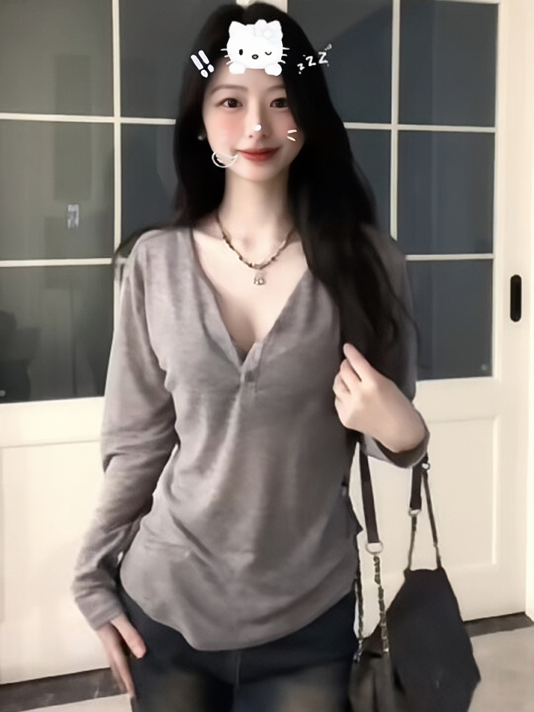 灰色長袖t恤女春秋半開領純欲寬鬆慵懶風大領口防曬罩衫舞蹈上衣