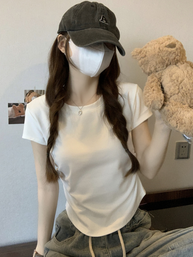 實拍 T恤女夏季新款圓領套頭抽褶顯瘦韓版百搭短袖上衣
