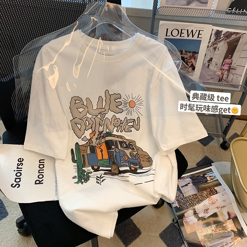 220克抖音爆款落肩寬鬆版型精梳純棉後包邊短袖T恤印花款