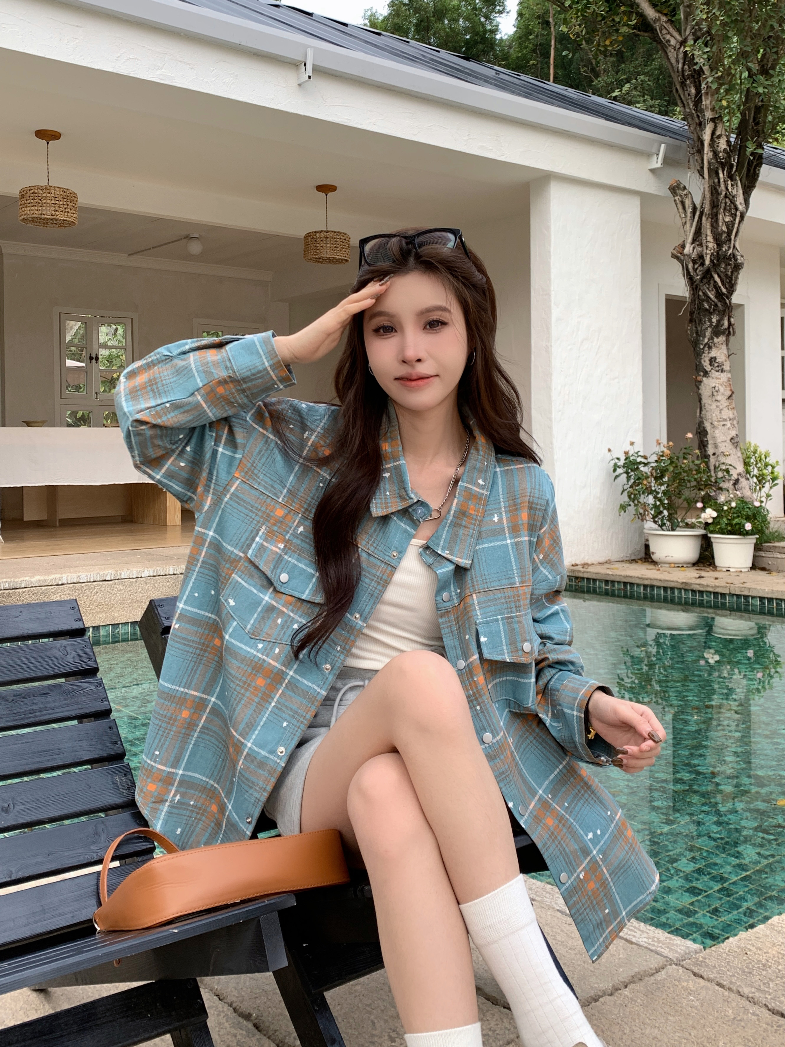實拍純棉水洗印花格子襯衫女寬鬆bf慵懶風襯衣計感春秋款
