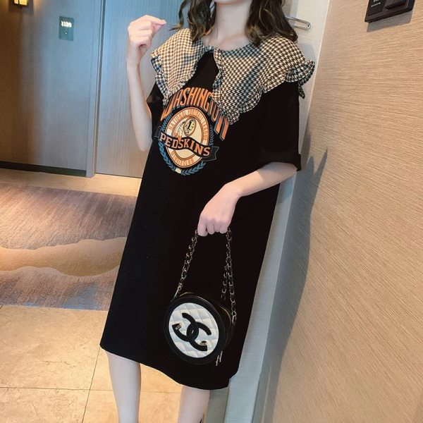 娃娃領長款T恤裙女韓版寬鬆過膝大碼胖妹妹夏季新款學生連衣裙
