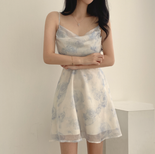 韩国chic夏季气质小清新水墨画印花镂空露背小个子雪纺吊带连衣裙