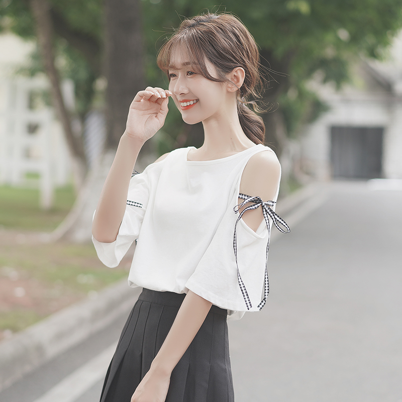 2024夏季新款甜美設計感露肩格子綁帶短袖T恤女圓領小眾半袖上衣