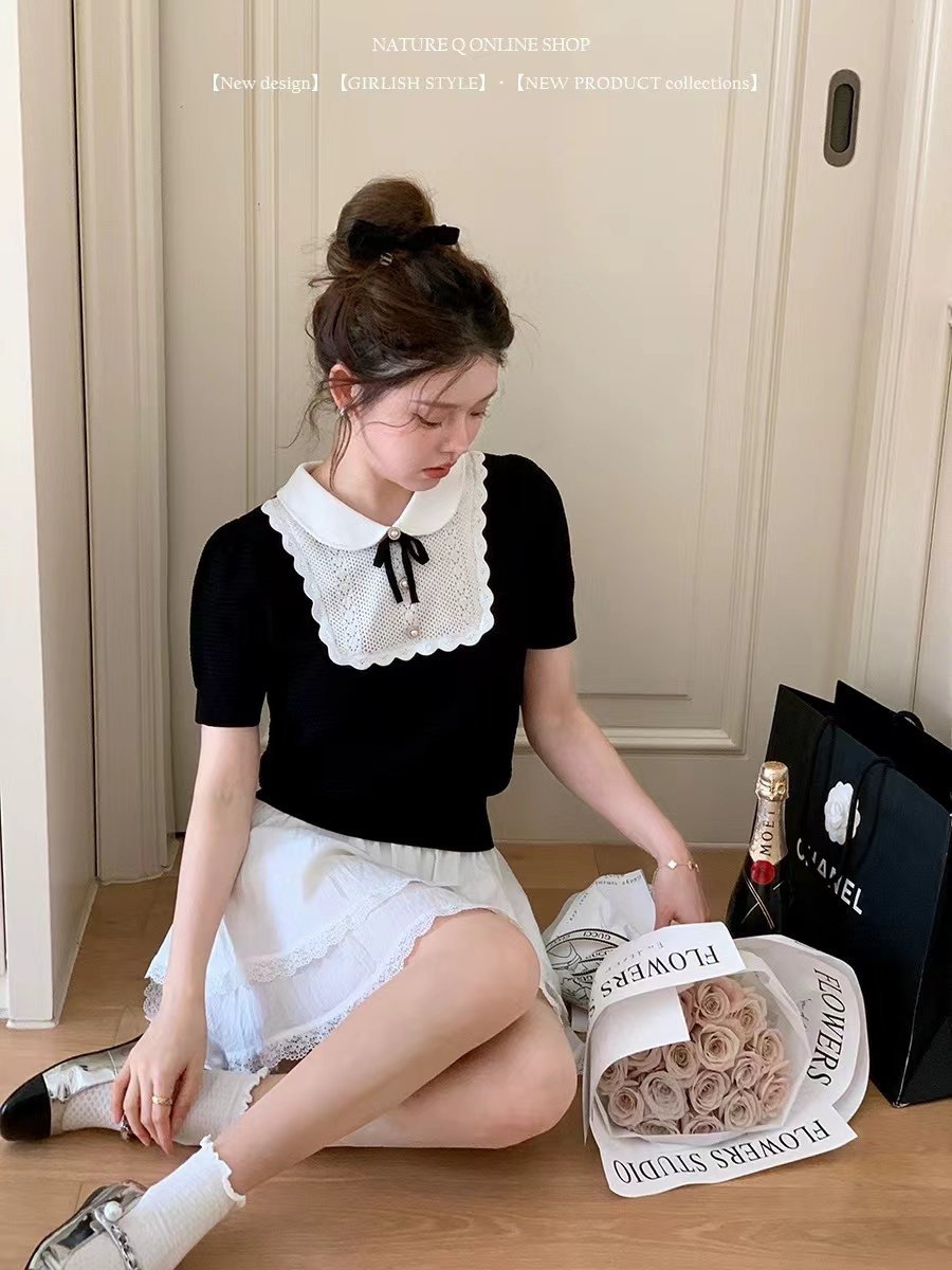 楊小卷 法式MIU系針織短袖T恤女娃娃領蝴蝶結上衣女甜美減齡Tee