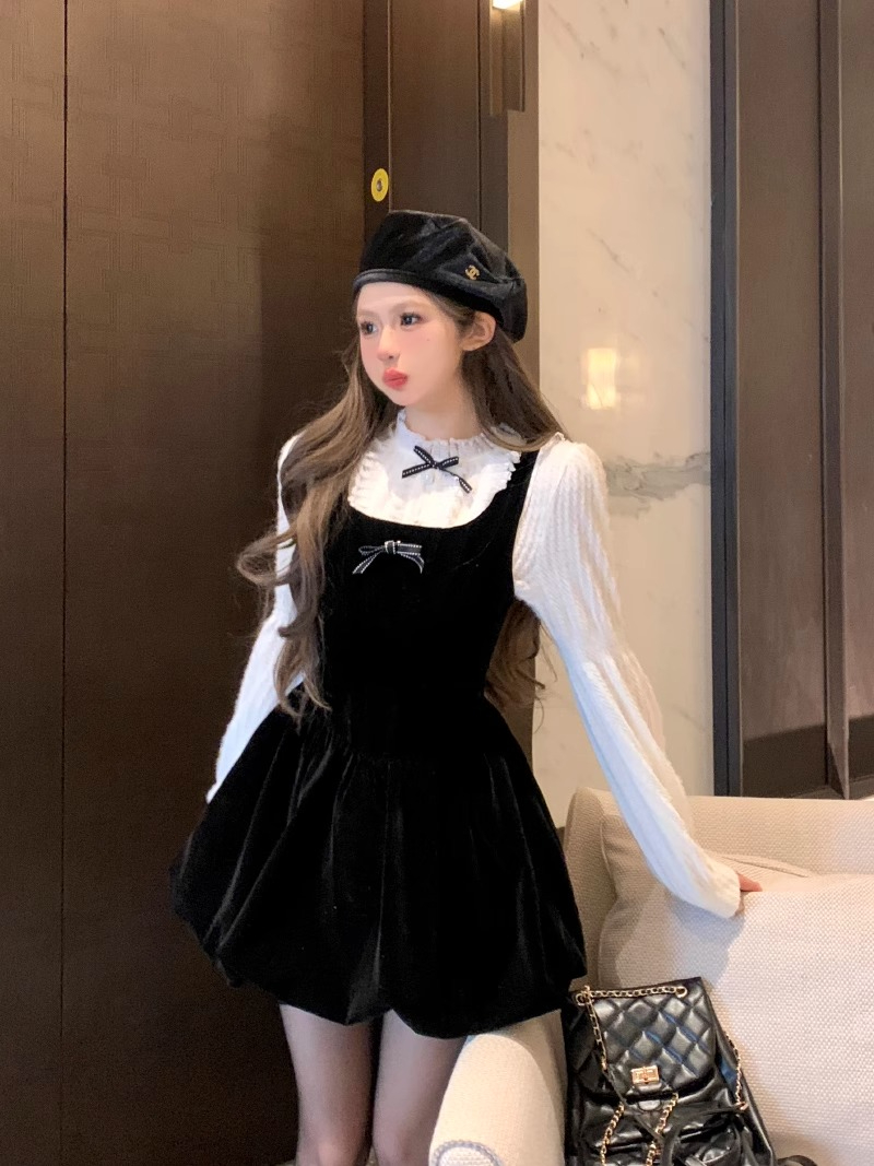 法式甜美小清新吊帶裙套裝女春秋新款小個子穿搭收腰顯瘦兩件套